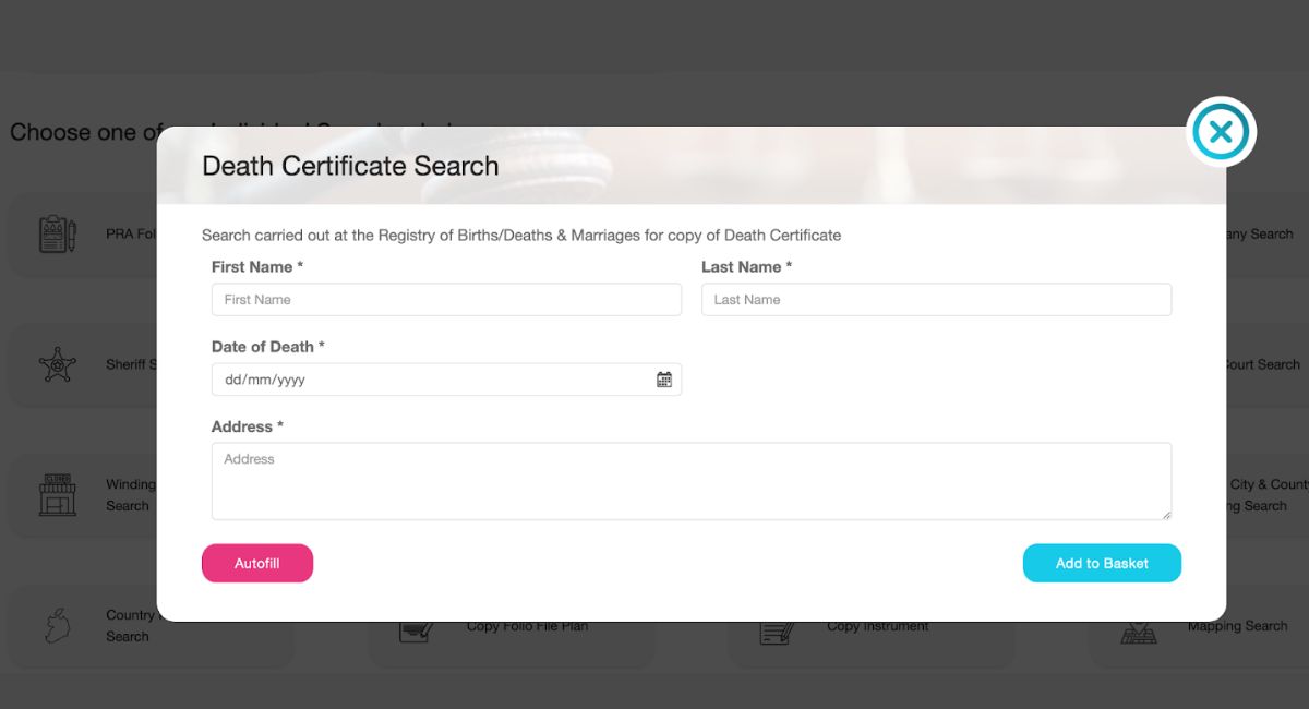 death cert search interface